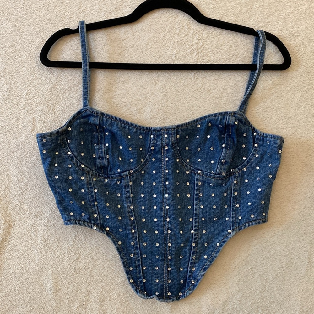 PrettyLittleThing Women’s Corset Top Size 6 Blue Denim Rhinestone Bustier Cami